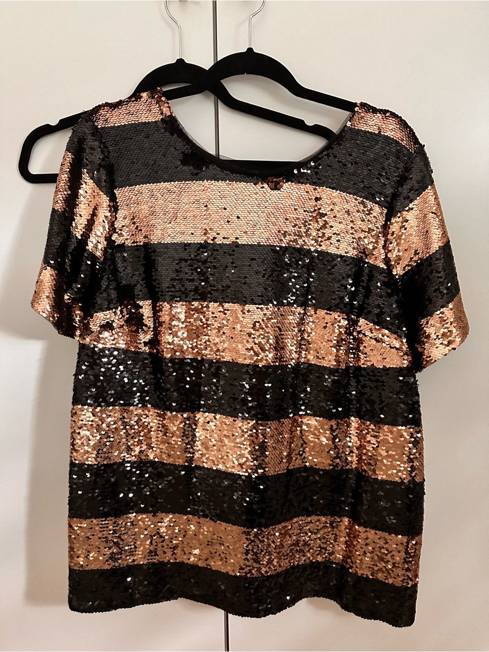 Anthropologie Black and Rose Gold Sequin Striped Short Sleeve Top